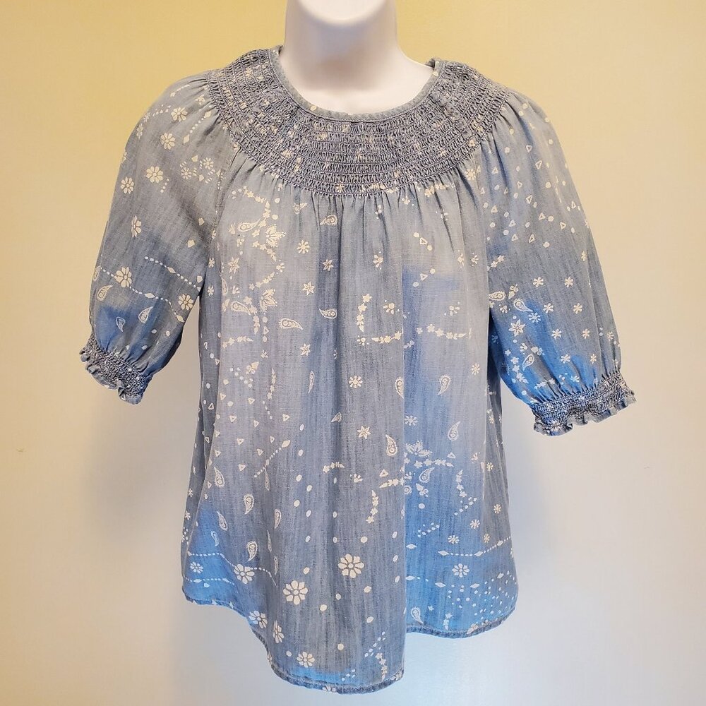 Sonoma Goods For Life Elbow Smock Neck Top Blue White Floral Paisley  - M